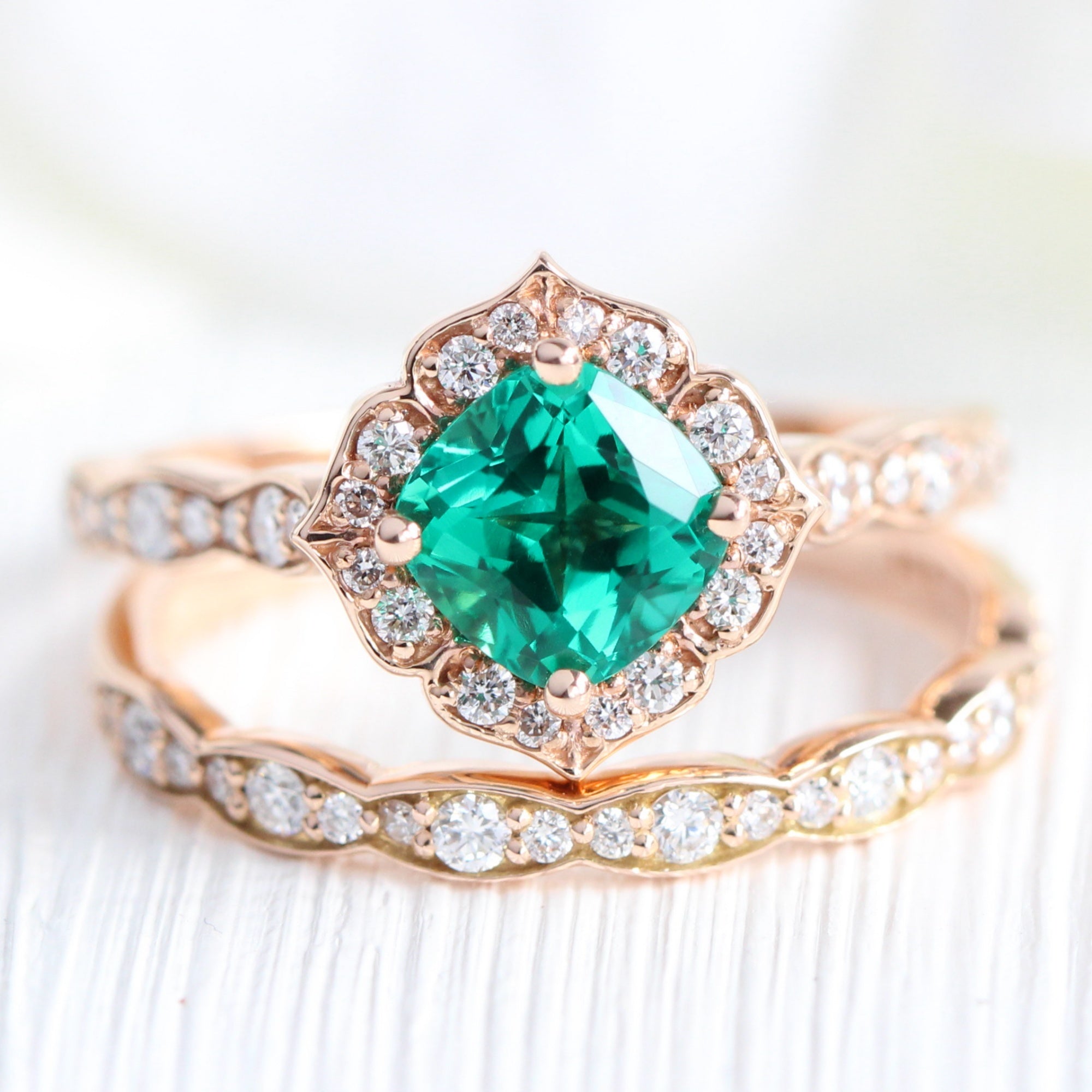 Natural Emerald Shamrock Celtic Knot Engagement Ring Set 14K Yellow Gold Emerald  Ring Irish Engagement Ring with Matching Band - Camellia Jewelry
